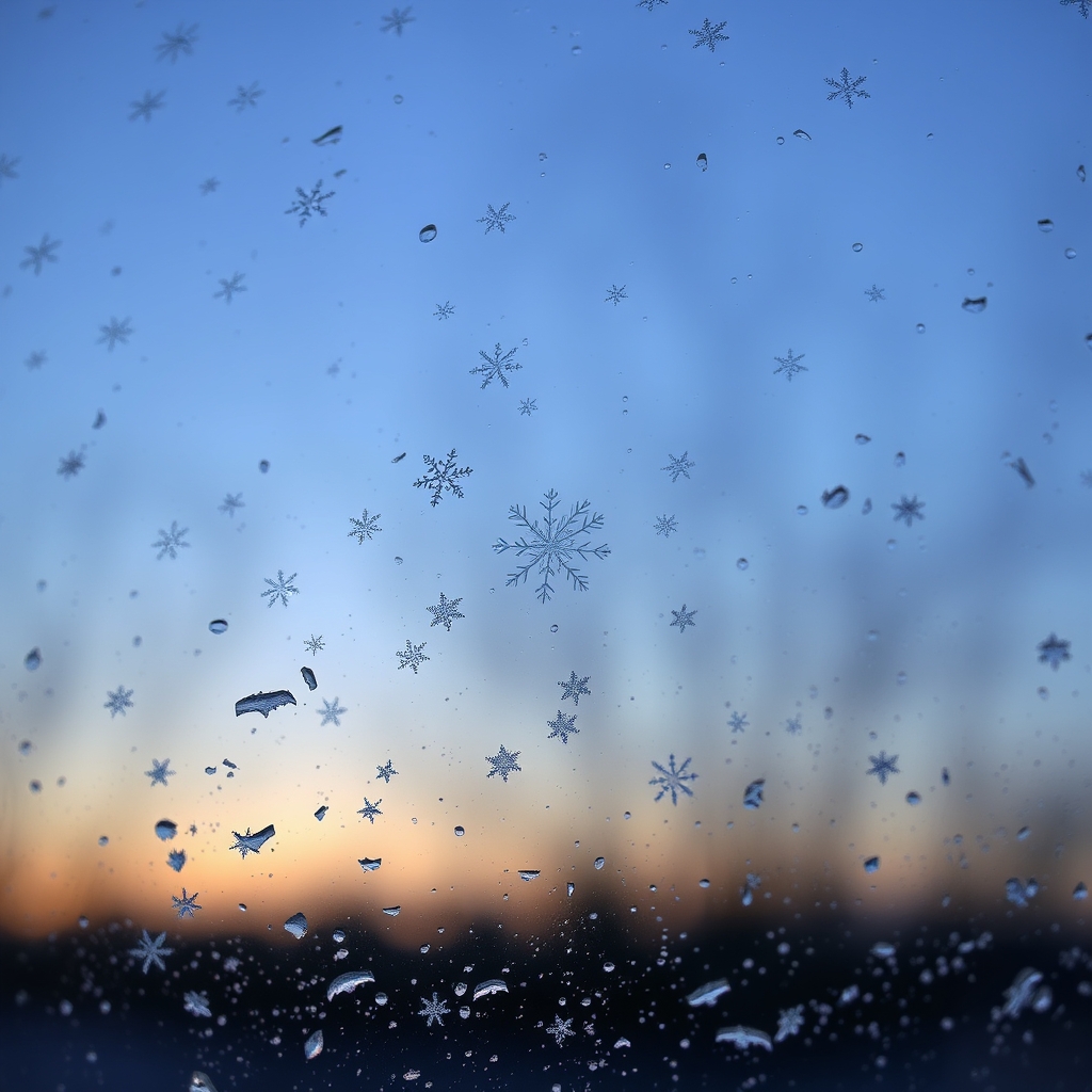 Snowflakes on a Window at Dusk