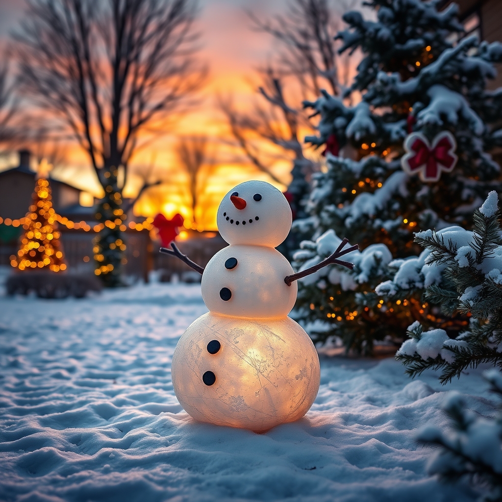 A snowman in a snowy garden, surrounded by festive decorations, with warm lighting and the setting sun.