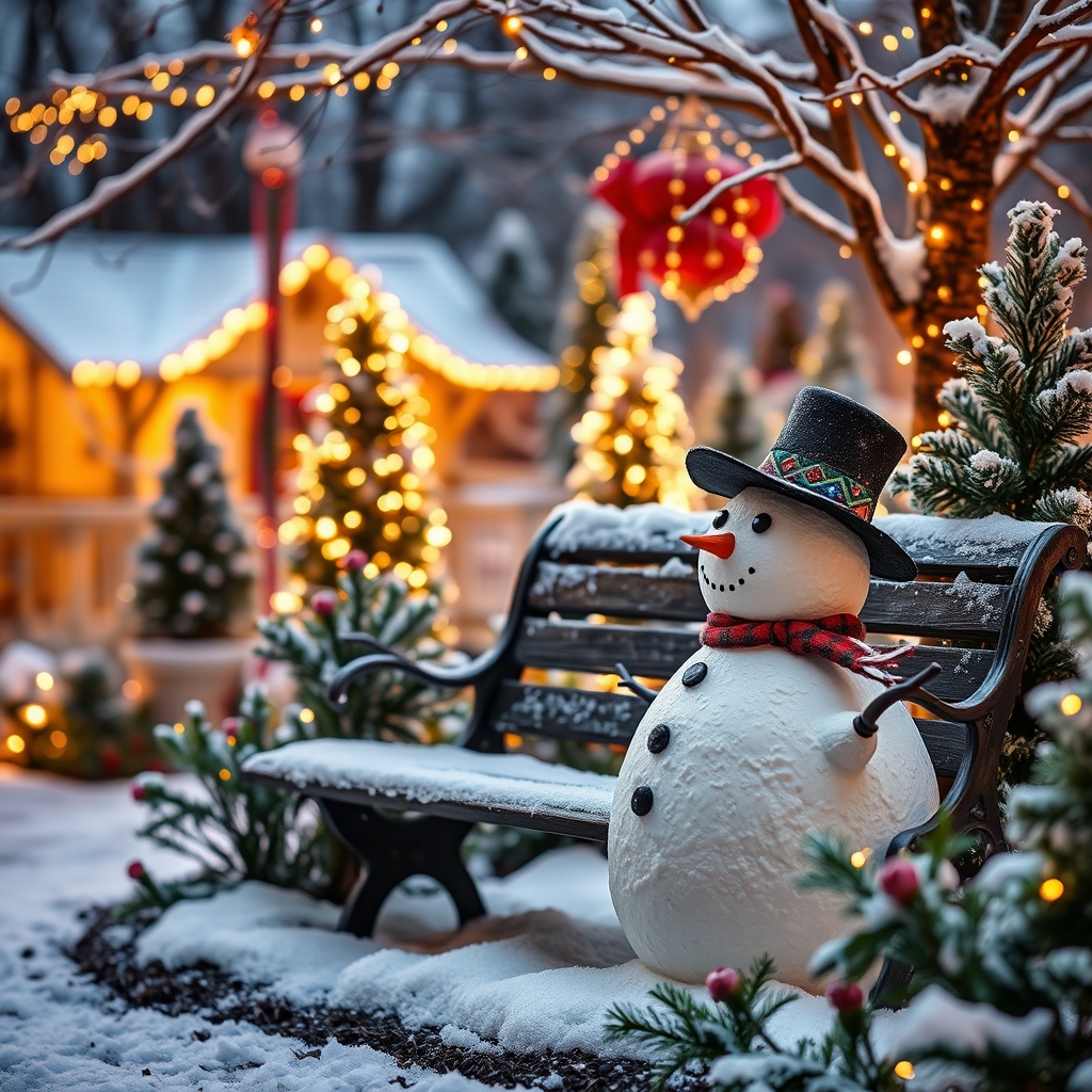 Snowman in a Winter Garden with Festive Decorations and Warm Lighting.