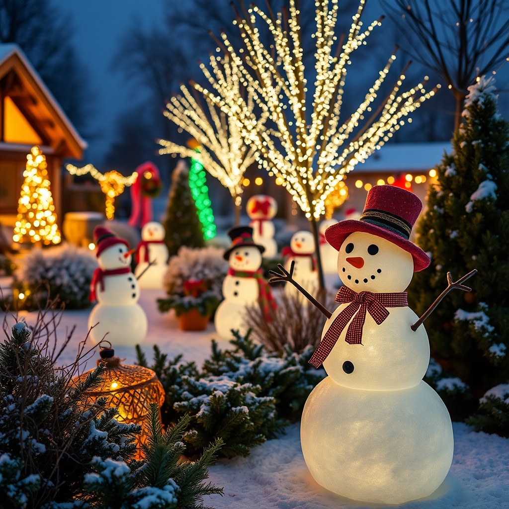 A snowman in a winter garden, surrounded by festive decorations, under warm lighting at night.