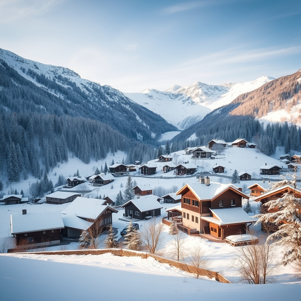 Snowy Alpine Village in the Serene Mountains