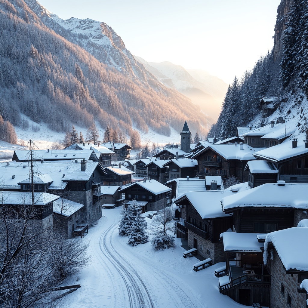 A snow-covered village in the Alps at dusk, with soft natural light and warm colors, creating a peaceful atmosphere.