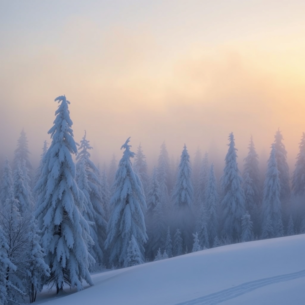 Serene winter landscape with snow-covered trees, soft lighting, and misty atmosphere