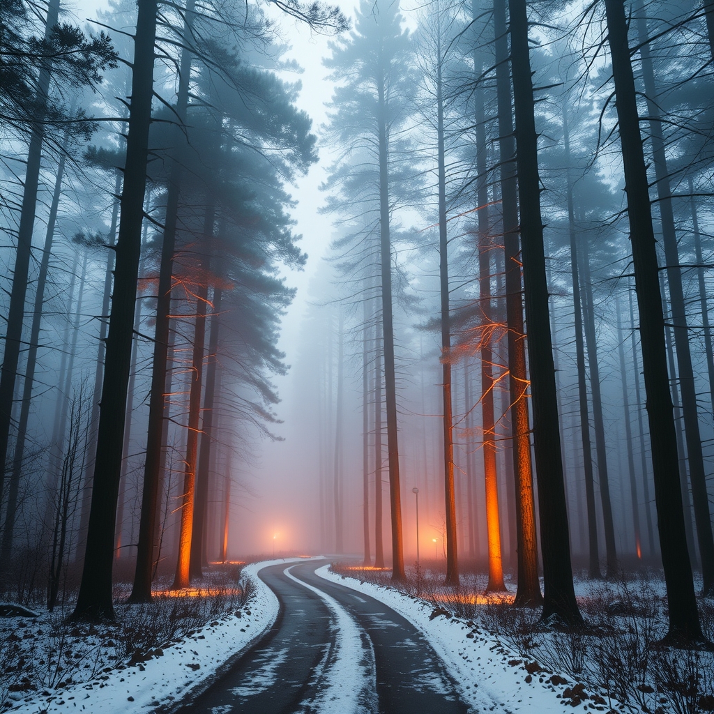 Snowy forest path in a misty winter landscape with tall trees and warm lighting.