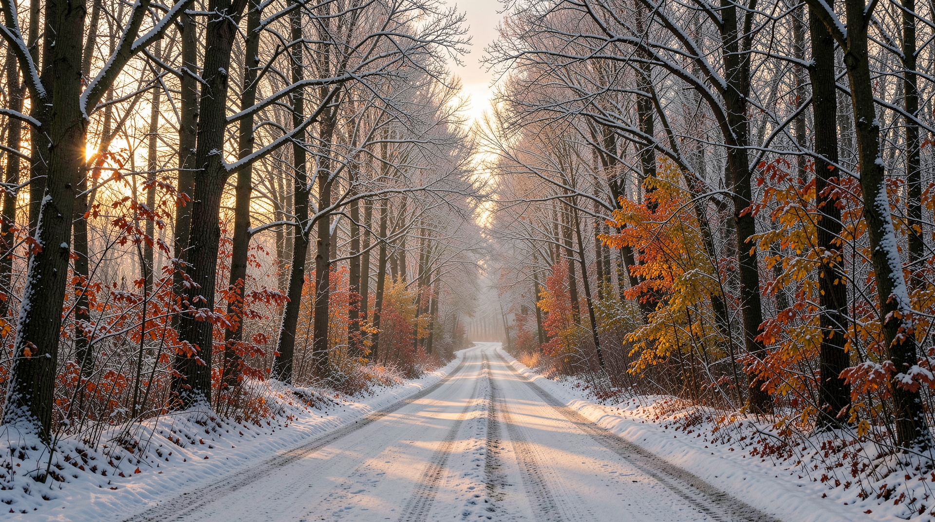 Snowy forest road at dusk with autumn foliage