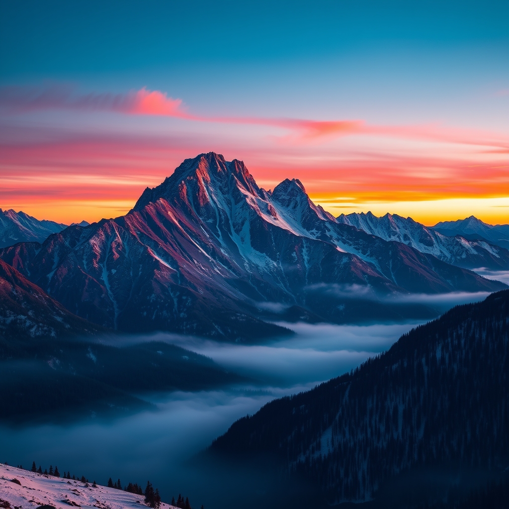 Colorful mountain range at sunset with misty valleys.