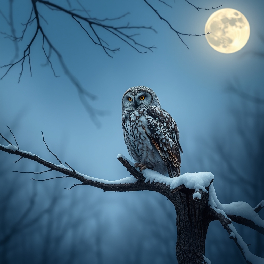 A snowy owl perched on a snow-covered tree branch in a misty forest.