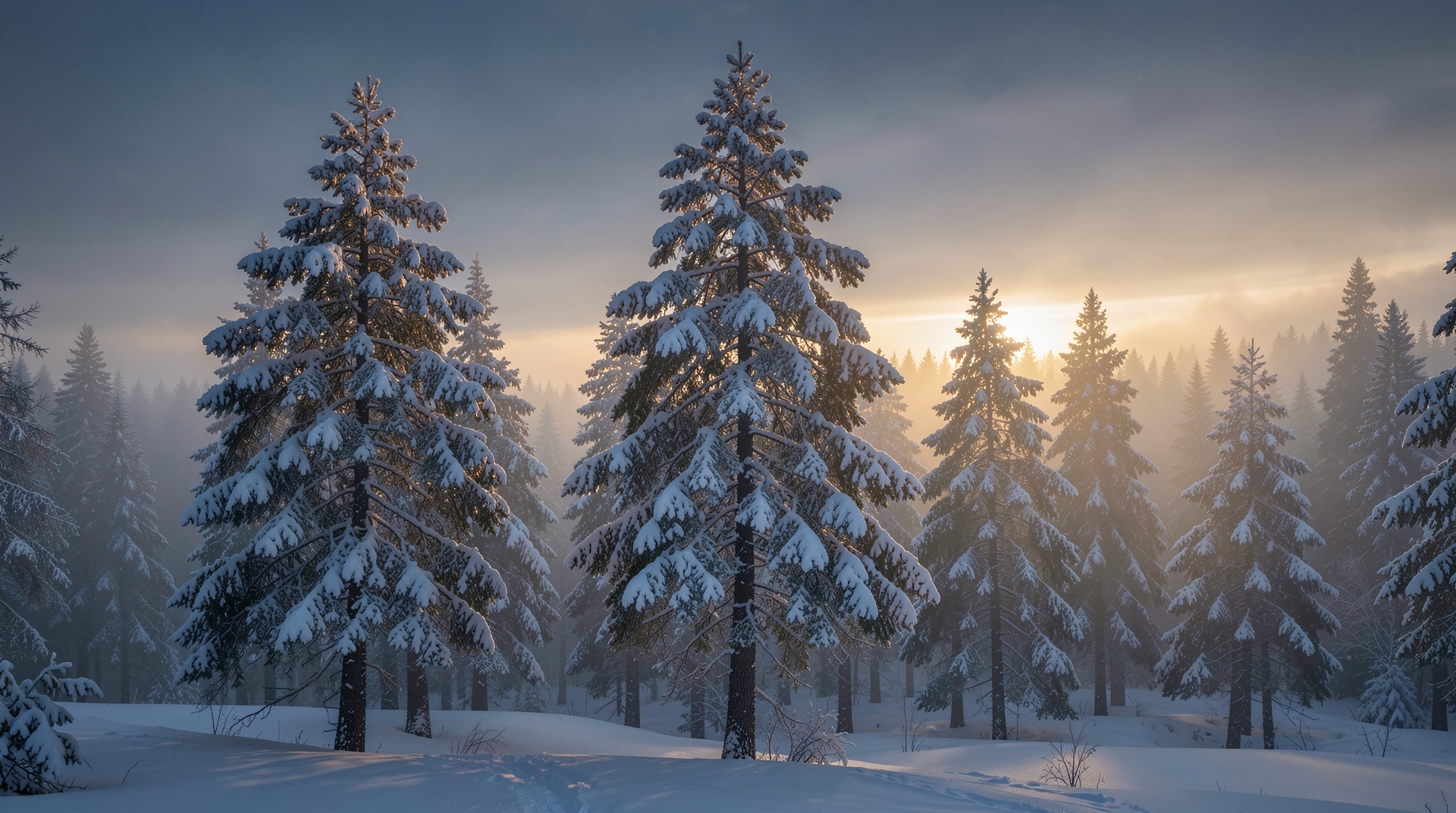 Snowy pine forest at dusk, soft natural light, serene composition