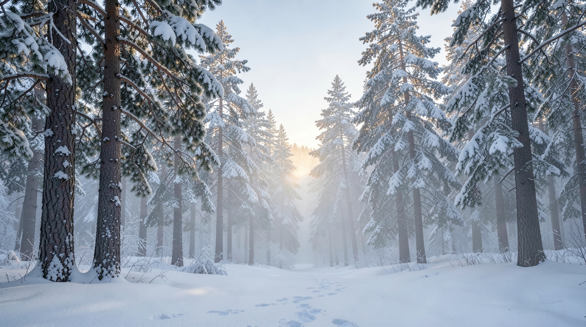 Snowy Pine Trees in a Misty Forest with Soft Natural Light