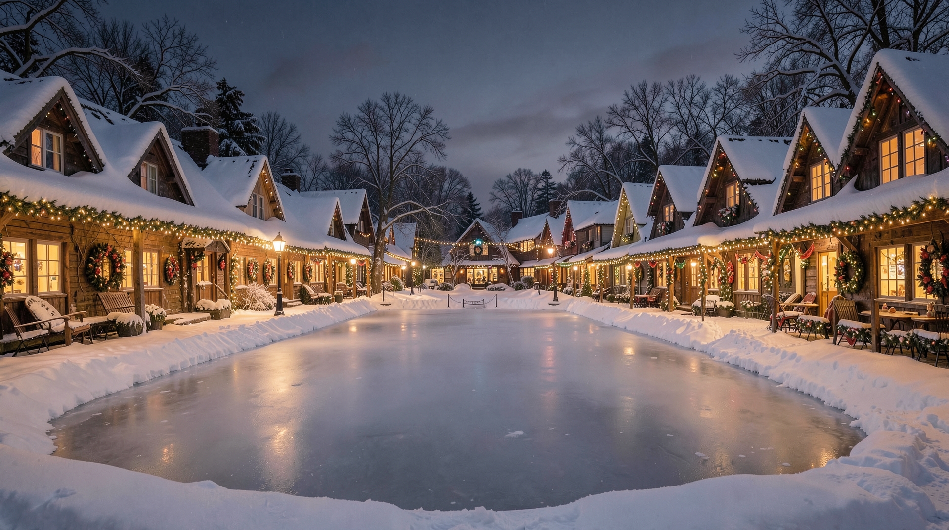 Snowy Village Square with Frozen Pond at Night