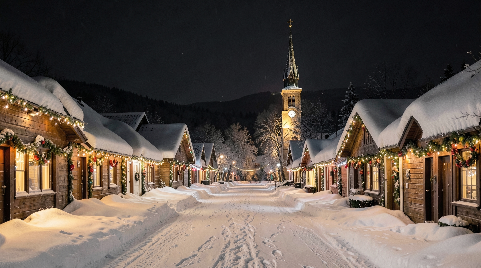 A snow-covered village street at night, with a church steeple in the background, decorated with festive lights and decorations.