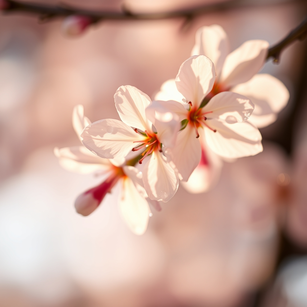 Delicate cherry blossom in soft, warm light, with morning dew on its petals.