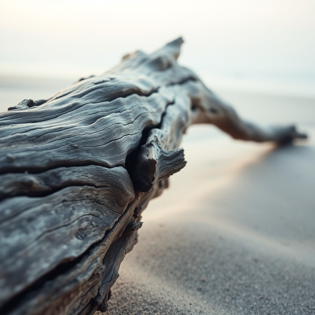 Close-up of driftwood on a misty beach with soft, warm lighting