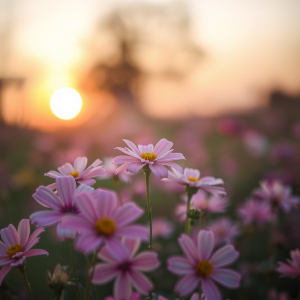Soft Focus Field of Pastel Colored Flowers at Sunset