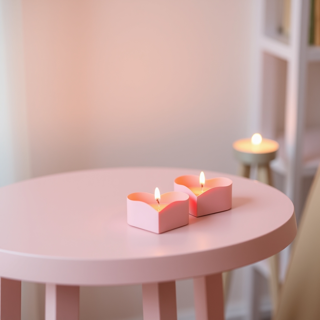 Heart-shaped candles on a pastel table with soft focus and warm lighting.