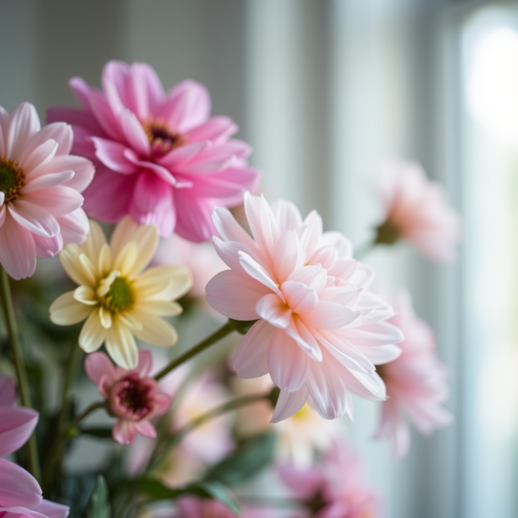 A close-up of a single pastel-colored flower in soft focus with natural light