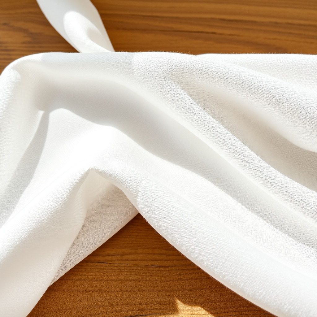 Soft linen fabric texture, natural light, neutral background, minimalist composition, high-quality detail. Linen fabric on wooden table