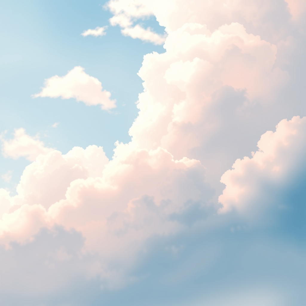 Anime-style sky with fluffy clouds, soft light, serene composition. Pastel sky with gentle haze.