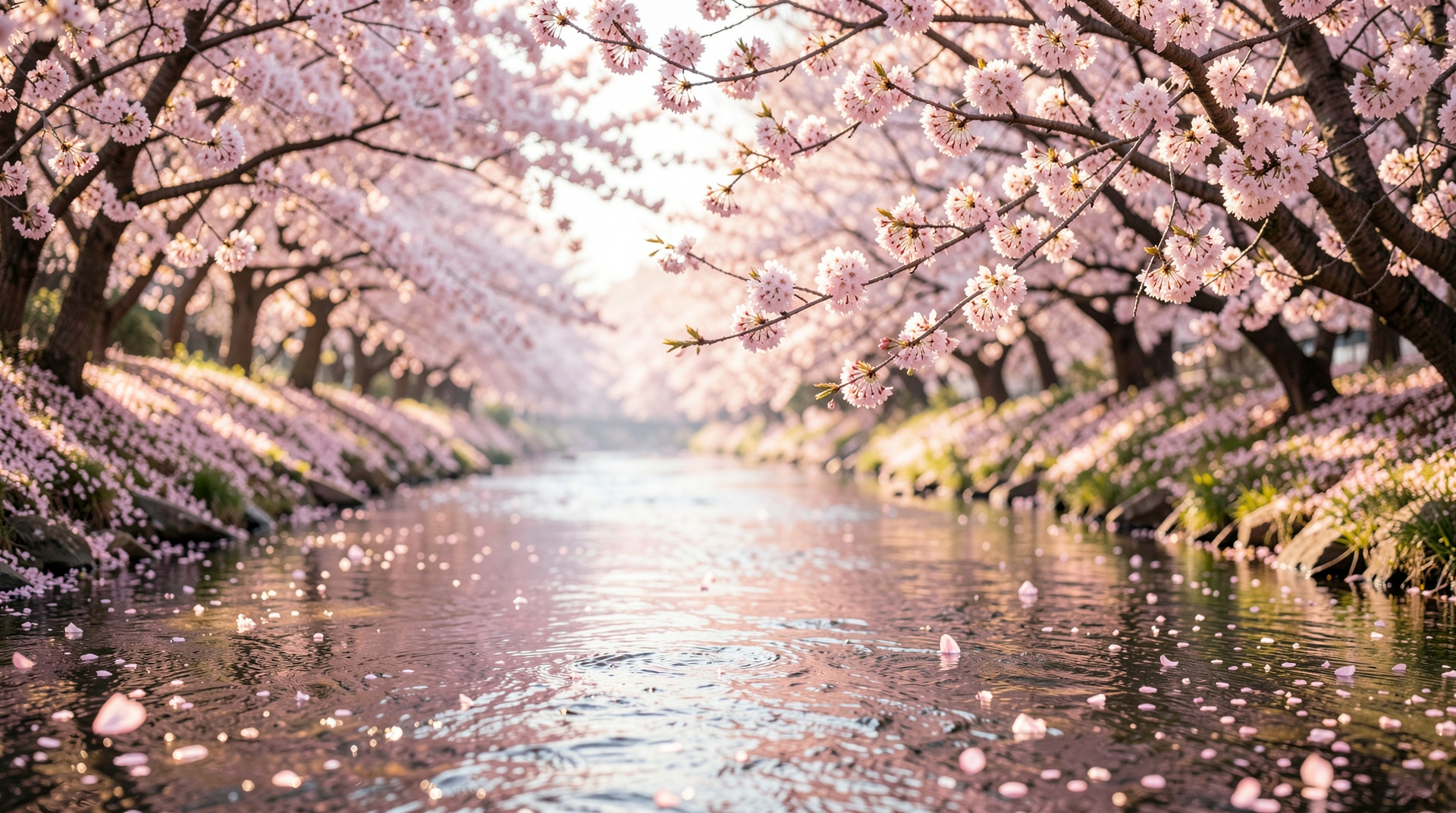Serene river with blooming cherry blossoms and soft pink hues.