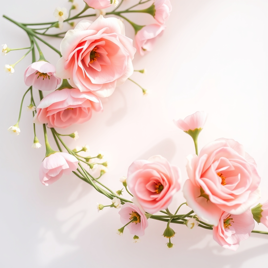 Delicate floral wreath with soft pink flowers and a subtle white background.