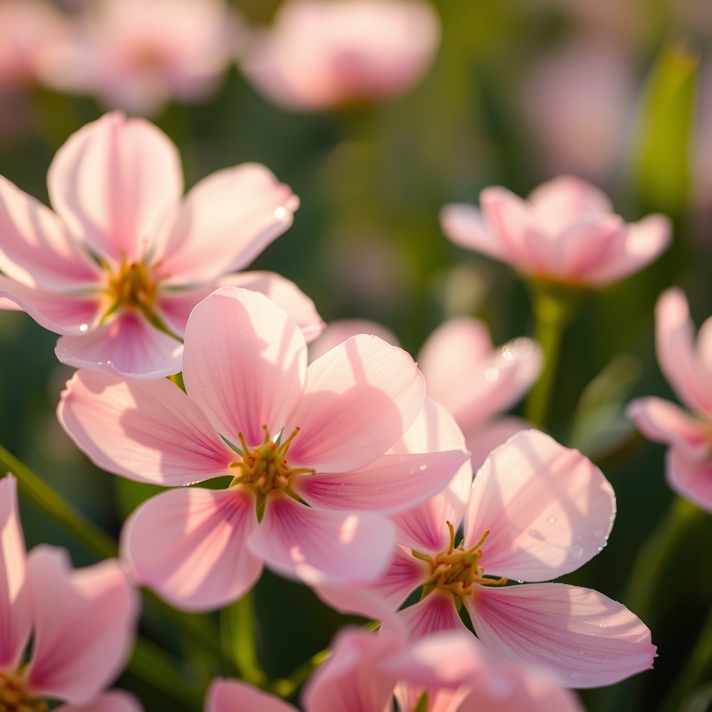 Close-up of soft pink flowers with morning dew in spring