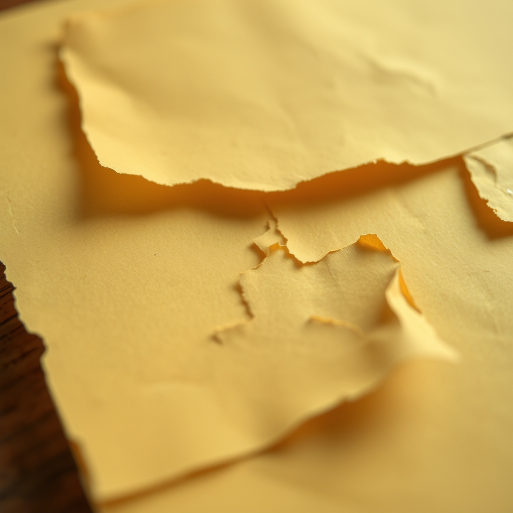 Close-up of worn, yellowed paper with subtle tears and creases, soft natural light, earthy tones. Paper scraps on wooden desk.