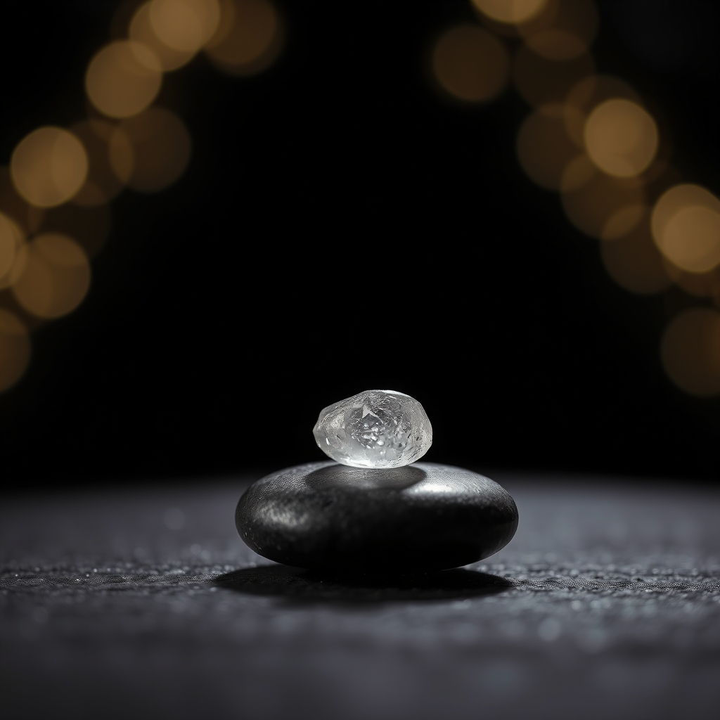 A diamond on a dark surface with bokeh blur on a black stone.