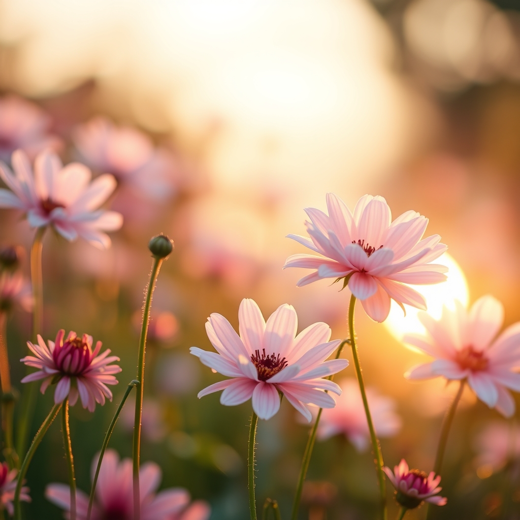 Softly Lit Flower Field at Sunrise with Pastel Colors
