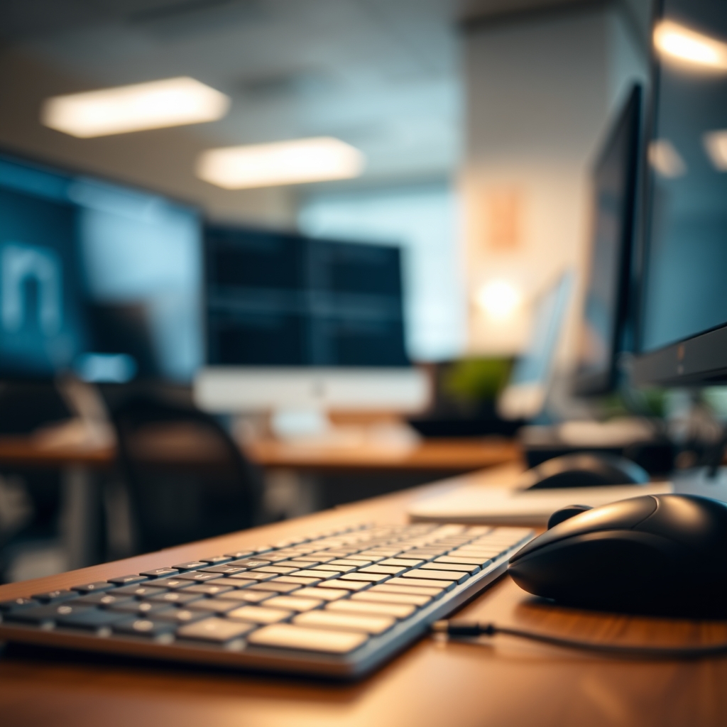 A close-up of a keyboard and mouse on a desk in an office with soft lighting.