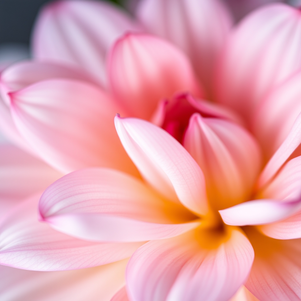 Macro shot of soft, pastel-colored flower petals in a softly lit background.