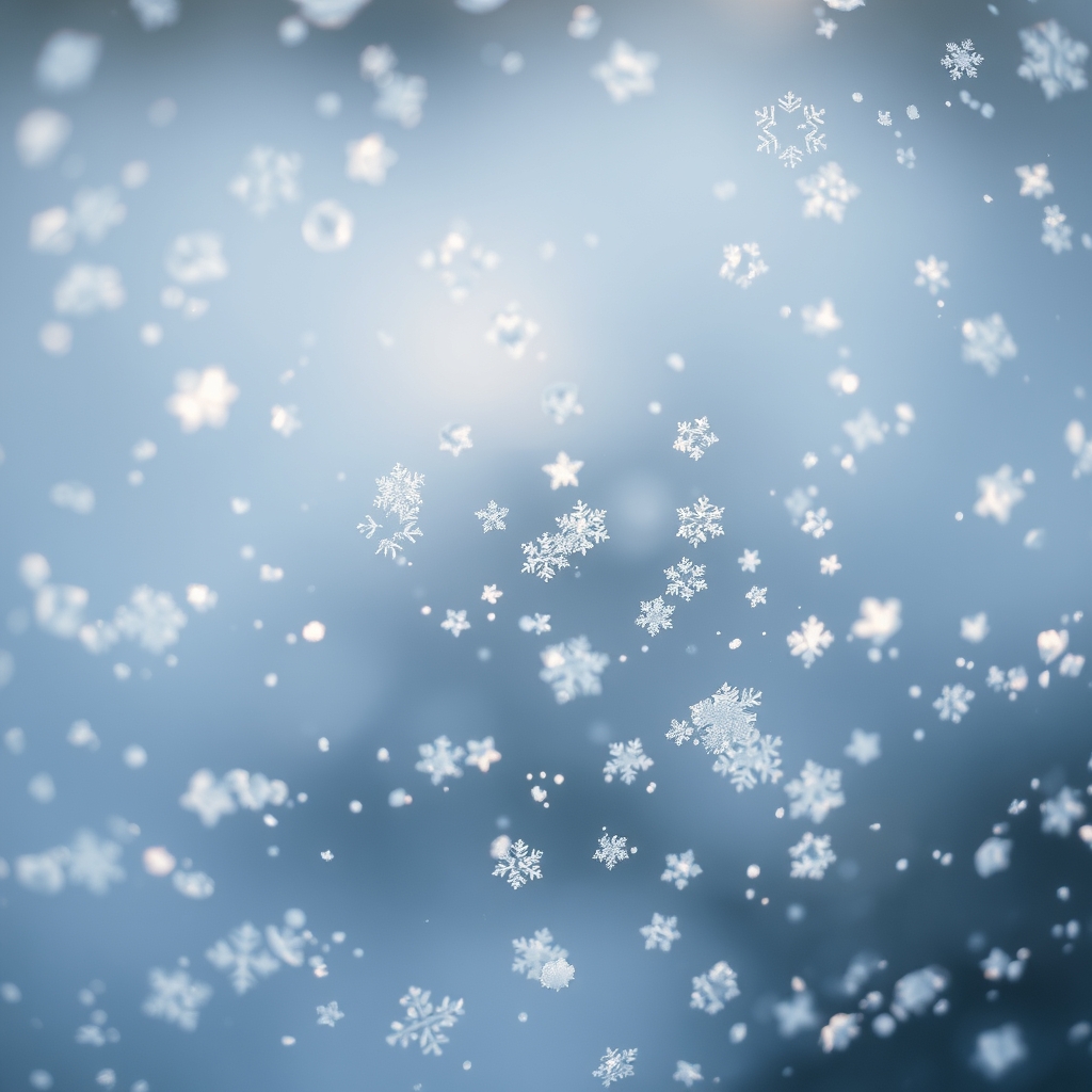 Softly lit winter snow close-up with delicate flakes.