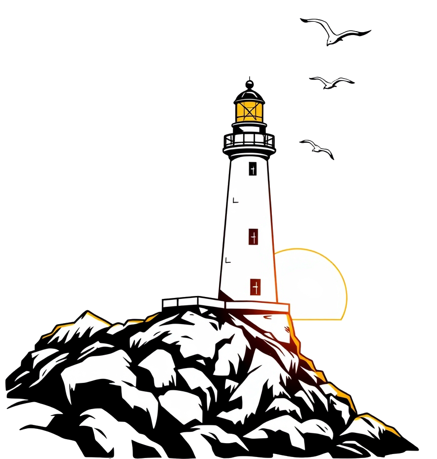 Solitary lighthouse on rocky coastline at sunset