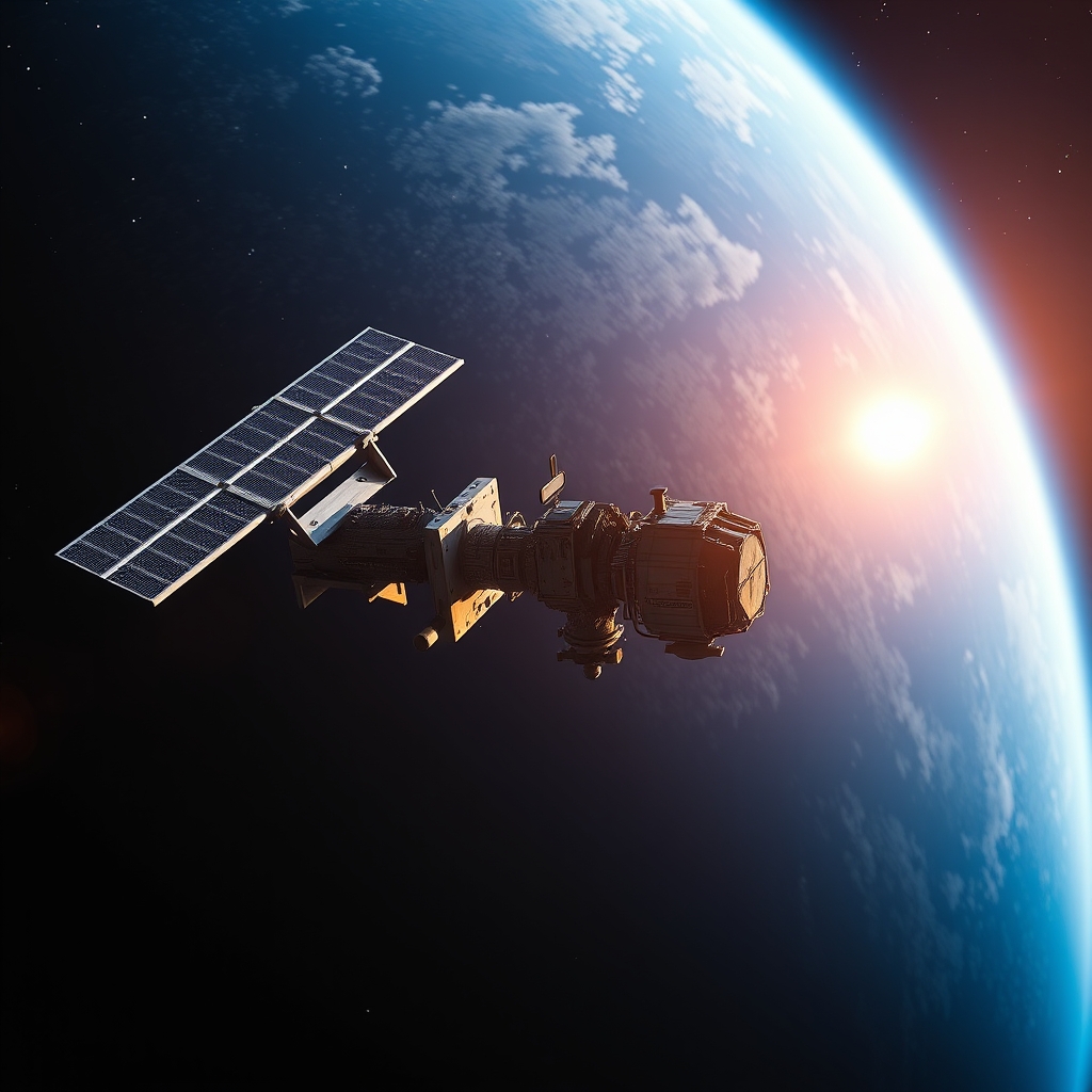 Space station in orbit around a vibrant blue planet