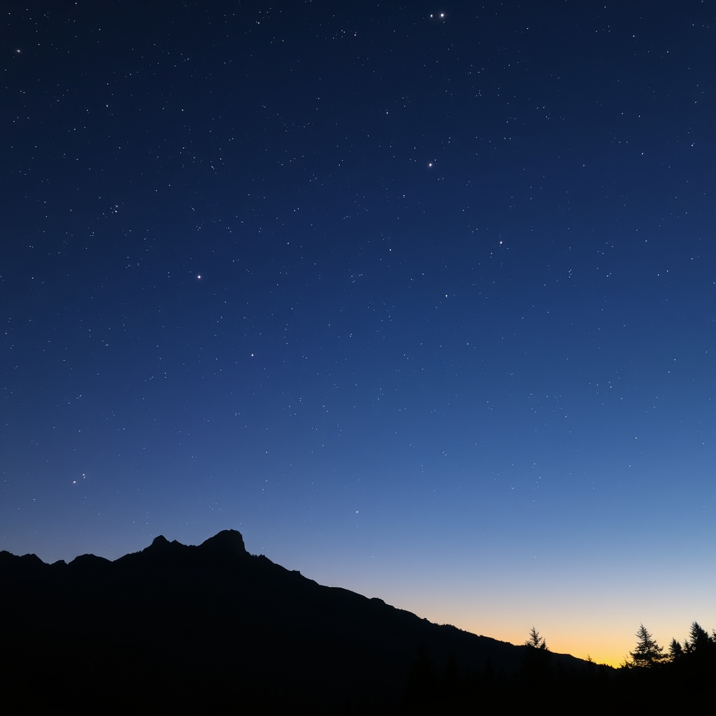 A mountainous landscape at dusk, with a star-filled sky and silhouetted trees.