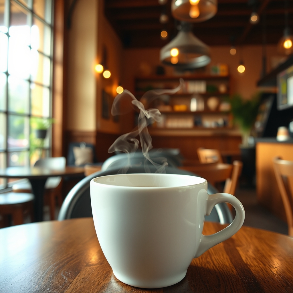 A steaming hot coffee cup in a cozy cafe setting with soft natural light and warm colors