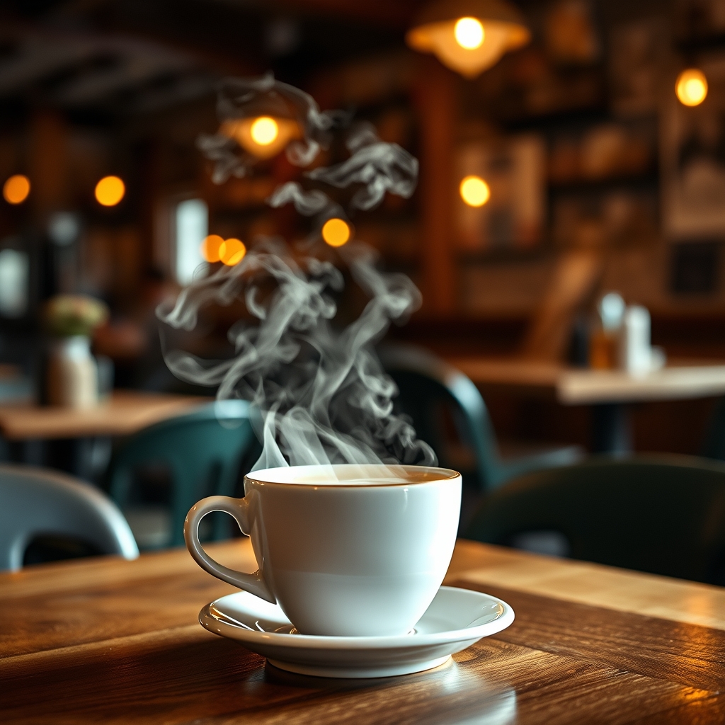 カフェの木製テーブルに置かれた湯気の立つコーヒーカップ