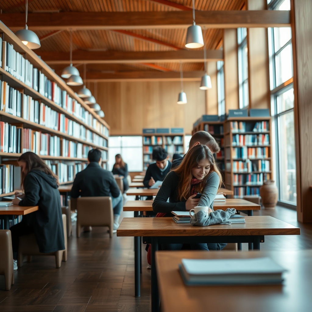 A group of students studying in a modern library with wooden tables and natural light.