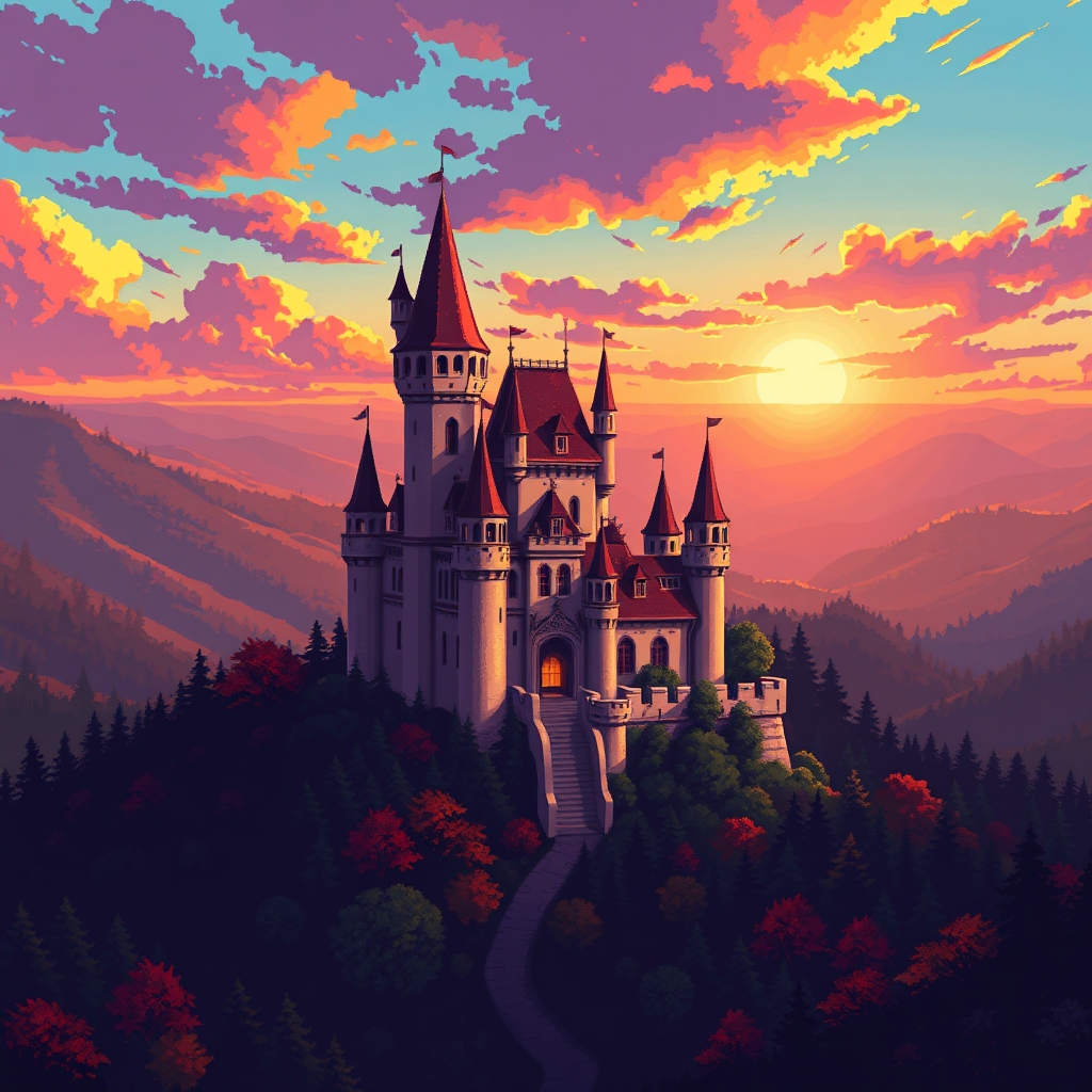 A stylized pixel art castle at sunset, with vibrant colors and a fantasy landscape.
