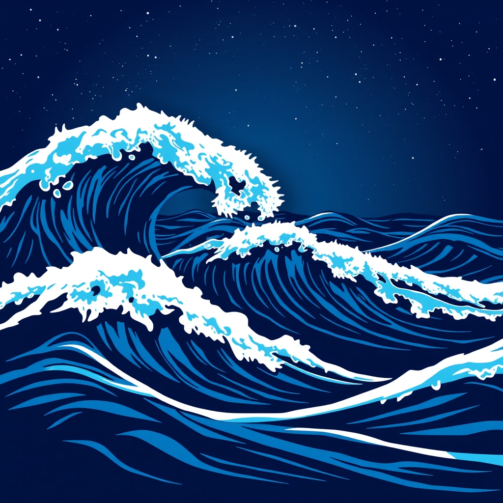 Stylized Ocean Waves at Night, a vector illustration of waves under a starry sky.