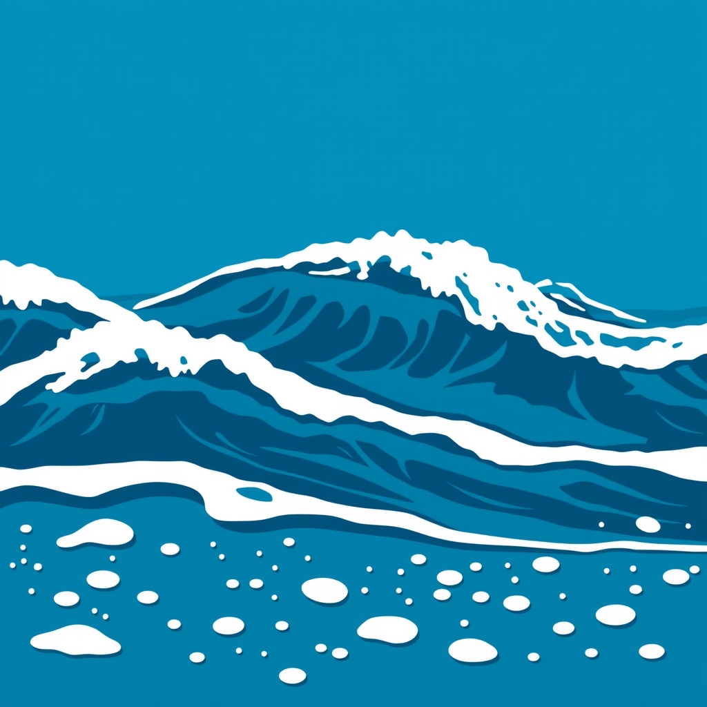 Stylized ocean waves with scattered sea foam in blue and white.