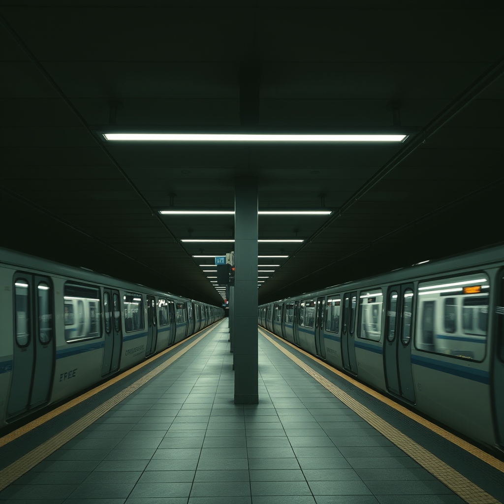 A dimly lit subway platform with modern trains, but the atmosphere and colors are not clearly visible.