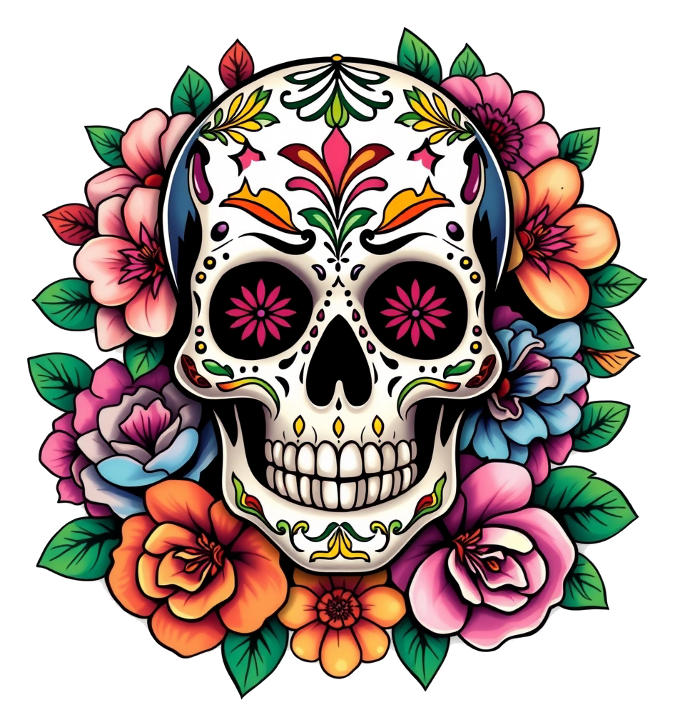 A colorful sugar skull with a floral pattern, surrounded by flowers, on a white background.