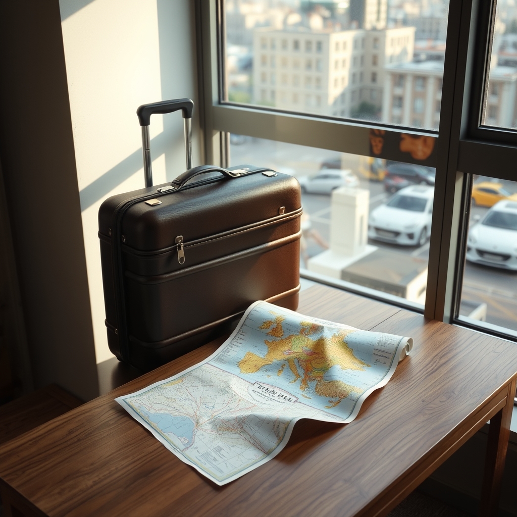 A suitcase and map by a window, with a city view outside.
