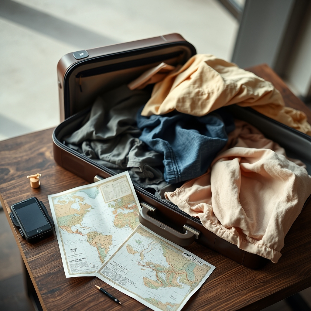 Open suitcase on a wooden table with clothes and a map, illuminated by natural light.