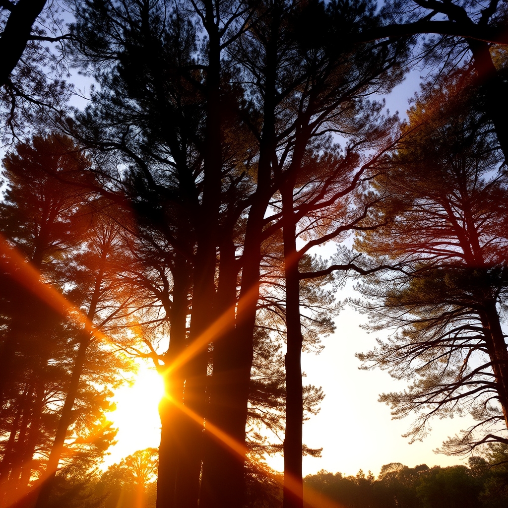 A forest at sunset, with sunbeams filtering through the canopy, casting a golden glow on the treetops.