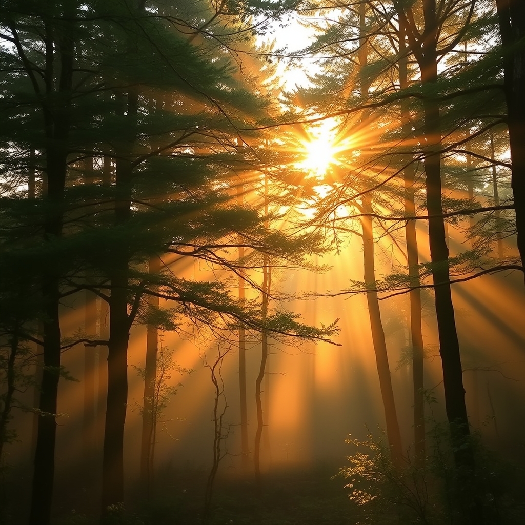 A serene forest scene with warm sunbeams filtering through the trees at golden hour, surrounded by morning mist.