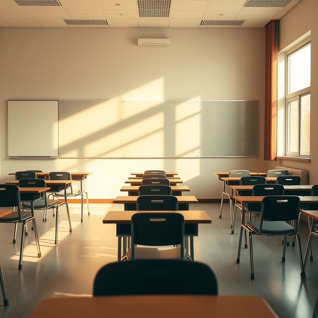 Empty Classroom with Sunlit Desks and Chairs