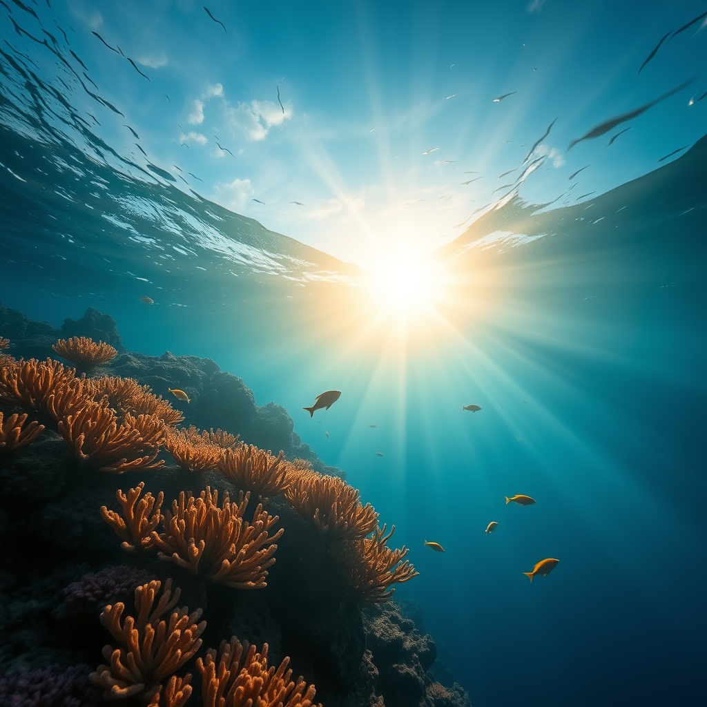 A tranquil ocean scene with vibrant coral, diverse fish, and radiant sunlight beams, captured at dawn on a sunlit coral reef.