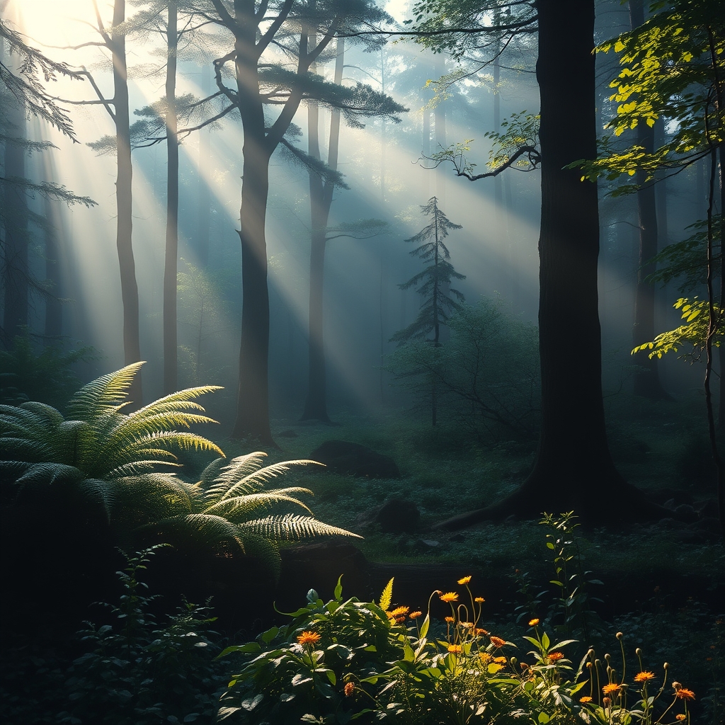 Misty forest with ferns and trees in soft, warm light, sunlit forest floor with wildflowers.