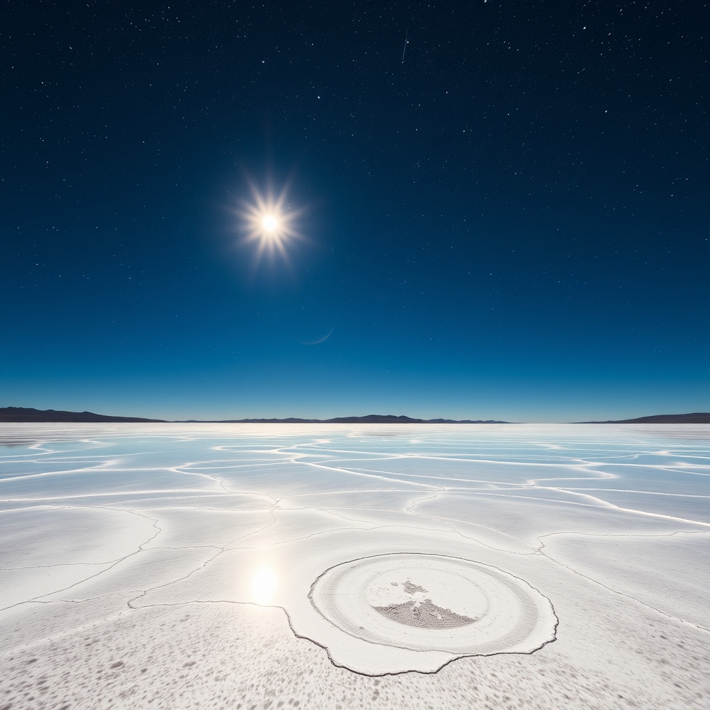 Vast salt flats reflecting a clear blue sky under warm sunlight and a starry night sky.